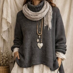 Baby Alpaca Pima Cotton Lagenlook Oversized Knit Sweater in Gray | Women’s XL